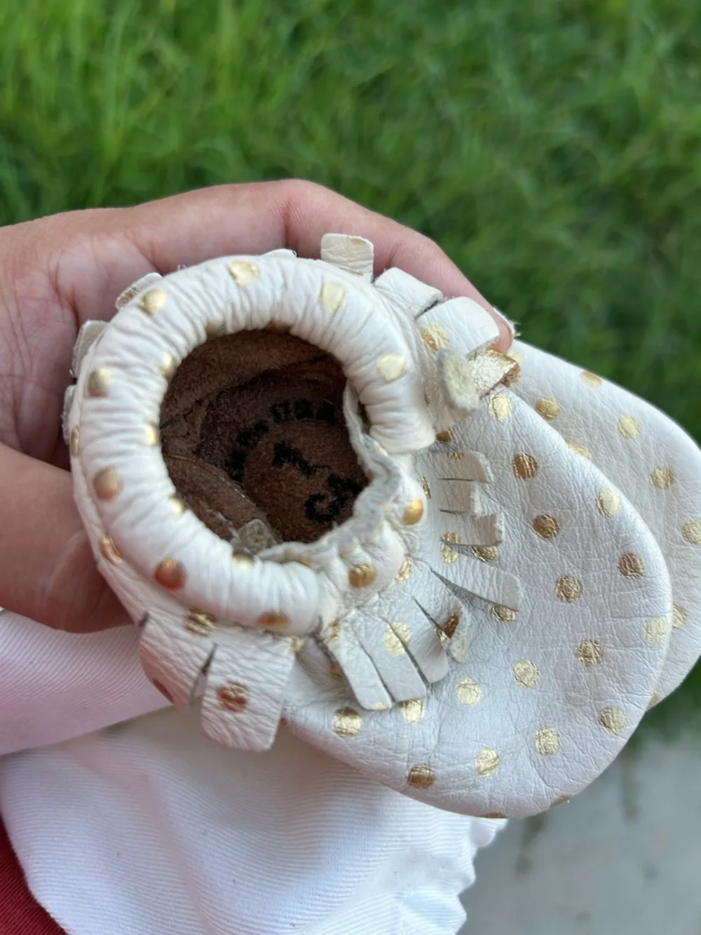 Freshly Picked Cream Moccasins with Gold Polka Dots